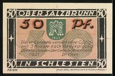 Notgeld Bad Salzbrunn in Schlesien 1921, 50 Pfennig, 700 Jahr-Feier, Blick zur Burg