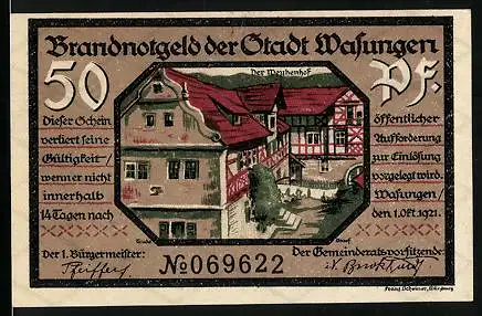 Notgeld Wasungen 1921, 50 Pfennig, Der Meyhenhof, Stadt in Trümmern
