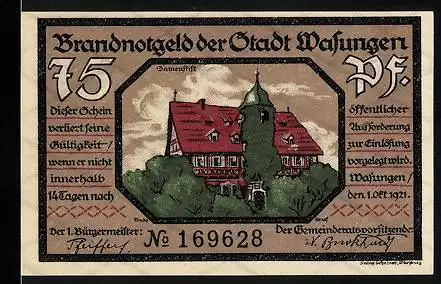 Notgeld Wasungen 1921, 75 Pfennig, Damenstift, brennende Stadt