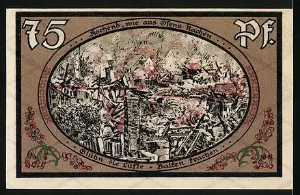 Notgeld Wasungen 1921, 75 Pfennig, Damenstift, brennende Stadt