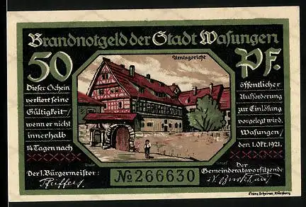 Notgeld Wasungen 1921, 50 Pfennig, Amtsgericht, Stadt in Trümmern