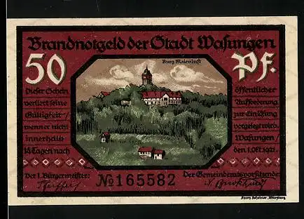 Notgeld Wasungen 1921, 50 Pfennig, Burg Maienluft, Trümmer der Stadt
