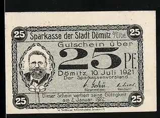 Notgeld Dömitz 1921, 25 Pfennig, Fritz-Reuter-Gefängnis, Bildnis Fritz Reuter