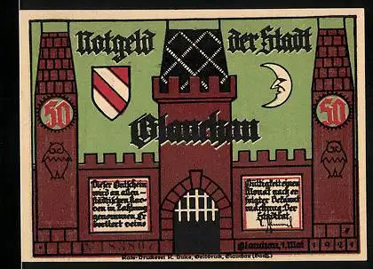 Notgeld Glauchau 1921, 50 Pfennig, Stadttor mit Eule, Männer beim Trinken