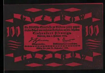 Notgeld Güstrow 1922, 100 Pfennig, Hof- und Ratsbuchdruckerei