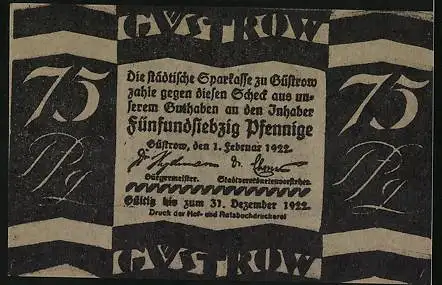 Notgeld Güstrow 1922, 75 Pfennig, Stier auf dem Feld