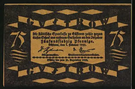 Notgeld Güstrow 1922, 75 Pfennig, Ansicht vom Schloss