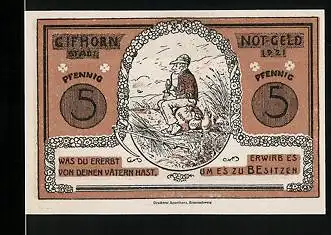 Notgeld Gifhorn 1921, 5 Pfennig, Mann mit Pfeife auf Geldsack, Zahnrad und Amboss