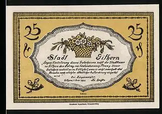 Notgeld Gifhorn 1921, 25 Pfennig, Blumenstrauss, Ortspartie am Wasser
