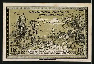 Notgeld Gifhorn 1921, 10 Pfennig, Bienenkorb, Mann und Hund in der Heide