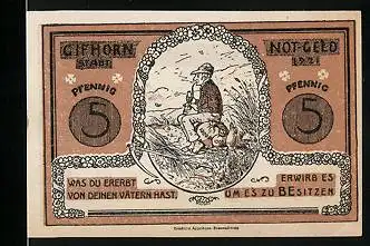 Notgeld Gifhorn 1921, 5 Pfennig, Mann raucht Pfeife auf seinem Geld
