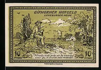 Notgeld Gifhorn 1921, 10 Pfennig, Bienenkorb, Mann mit Hund in der Lüneburger Heide