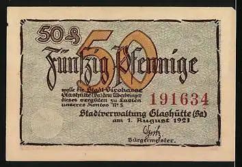 Notgeld Glashütte 1921, 50 Pfennig, Uhr und Druckanzeige