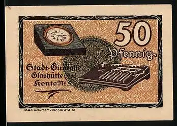 Notgeld Glashütte 1921, 50 Pfennig, Uhr und Rechenmaschine