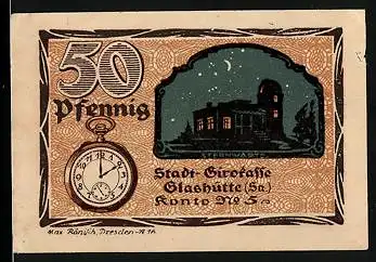 Notgeld Glashütte 1921, 50 Pfennig, Sternwarte und Taschenuhr