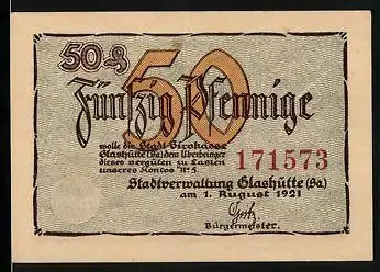 Notgeld Glashütte 1921, 50 Pfennig, Deutsche Uhrmacherschule