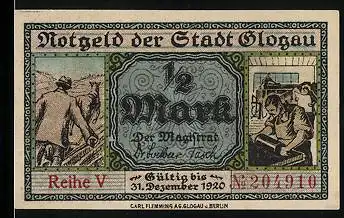 Notgeld Glogau 1920, 50 Pfennig, Bauer und Bäcker, Brücke mit Torbögen
