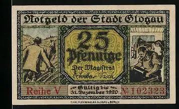 Notgeld Glogau 1920, 25 Pfennig, Bauer mit Pferd, Bäcker in der Stube, Pavillon