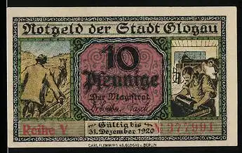 Notgeld Glogau 1920, 10 Pfennig, Männer bei der Arbeit, Park mit Denkmal