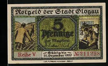 Notgeld Glogau 1920, 5 Pfennig, Pferd auf dem Feld, Rathaus