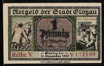 Notgeld Glogau 1920, 1 Pfennig, Dampfer vor dem Ort