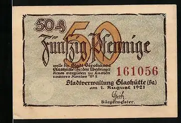 Notgeld Glashütte 1921, 50 Pfennig, Rathaus und Uhr