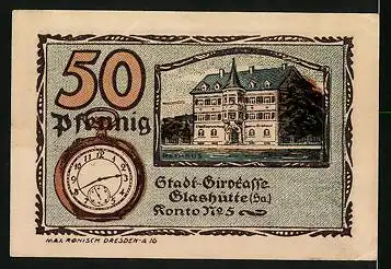 Notgeld Glashütte 1921, 50 Pfennig, Rathaus und Uhr