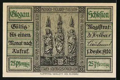 Notgeld Glogau 1920, 25 Pfennig, Heiligen Figuren, Kirche