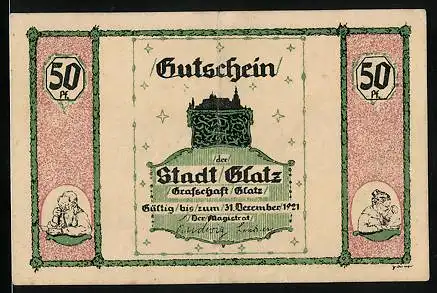 Notgeld Glatz 1921, 50 Pfennig, Volkslied mit Wage