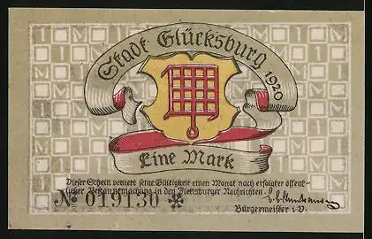 Notgeld Glücksburg 1920, 1 Mark, Schloss, Wappen