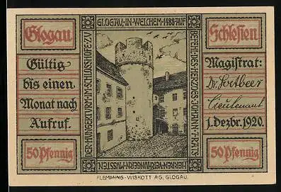 Notgeld Glogau 1920, 50 Pfennig, Platz mit Burgturm