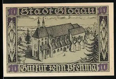 Notgeld Glogau 1920, 10 Pfennig, Blick auf die Kirche, Begründer