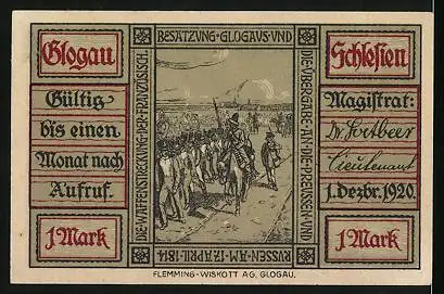 Notgeld Glogau 1920, 1 Mark, Soldaten zu Pferd, Besatzung der Stadt