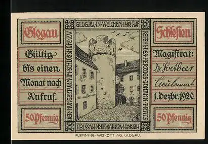 Notgeld Glogau 1920, 50 Pfennig, Schlosshof mit Turm