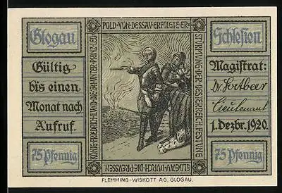 Notgeld Glogau 1920, 75 Pfennig, König Friedich II stürmt die Festung, Soldaten