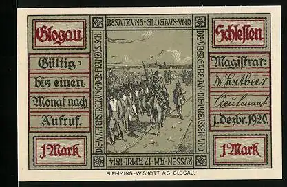 Notgeld Glogau 1920, 1 Mark, Soldaten bei der Besatzung der Stadt