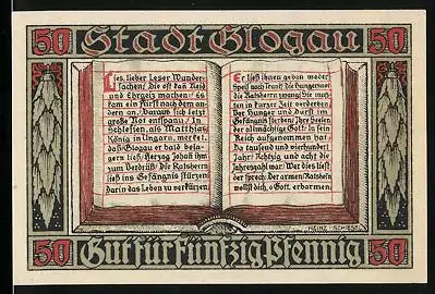 Notgeld Glogau 1920, 50 Pfennig, offenes Buch, Schlosshof