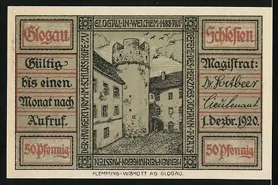 Notgeld Glogau 1920, 50 Pfennig, offenes Buch, Schlosshof