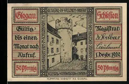 Notgeld Glogau 1920, 50 Pfennig, Turm im Schlosshof, offenes Buch