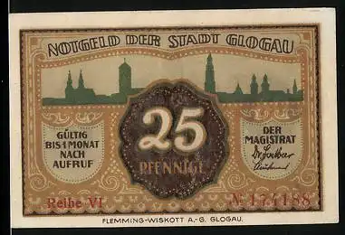 Notgeld Glogau, 25 Pfennig, Wappen, Silhouette der Stadt