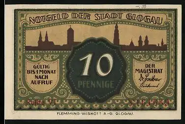 Notgeld Glogau, 10 Pfennig, Silhouette der Stadt, Wappen