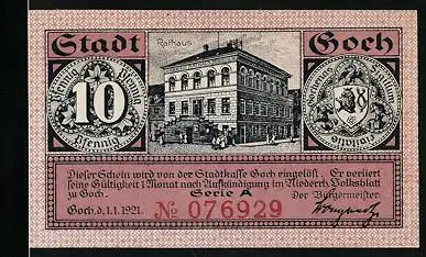 Notgeld Goch 1921, 10 Pfennig, Rathaus, Haus zu den fünf Ringen