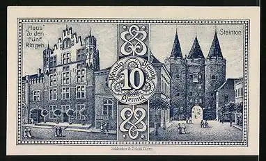 Notgeld Goch 1921, 10 Pfennig, Rathaus, Steintor