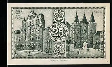Notgeld Goch 1921, 25 Pfennig, Steintor, Rathaus, Haus zu den Fünf Ringen