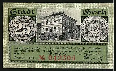 Notgeld Goch 1921, 25 Pfennig, Steintor, Rathaus, Haus zu den Fünf Ringen