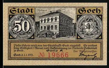 Notgeld Goch 1921, 50 Pfennig, Rathaus, Wappen, Steintor