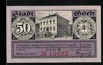 Notgeld Goch 1921, 50 Pfennig, Eingang vom Rathaus, Steintor