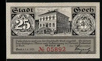 Notgeld Goch 1921, 25 Pfennig, Rathaus, Steintor, Haus zu den Fünf Ringen