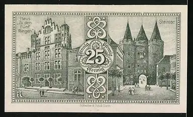 Notgeld Goch 1921, 25 Pfennig, Rathaus, Steintor, Haus zu den Fünf Ringen