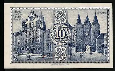 Notgeld Goch 1921, 10 Pfennig, Steintor und Haus zu den Fünf Ringen